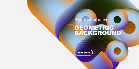 Abstract shapes, vibrant colors, geometric design. Text overlay presents creative background information, button included.