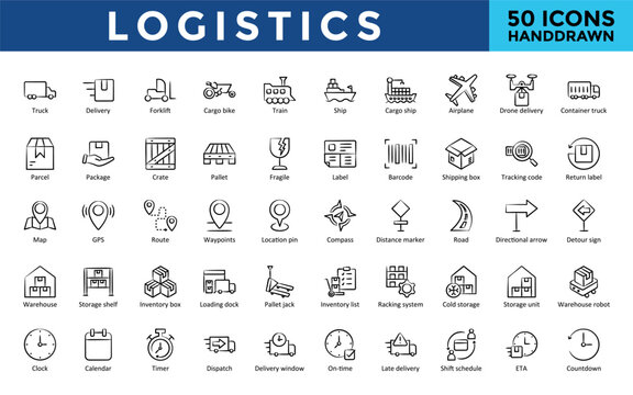 Logistics icons set with truck, delivery, forklift, cargo bike, train, ship, cargo ship, airplane, drone delivery, container truck icon. Simple hand drawn vector 
