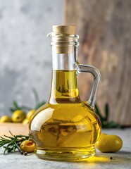 A glass bottle of golden olive oil sits elegantly beside vibrant, fresh lemons, showcasing their bright yellow color and textured skin on a rustic wooden table.