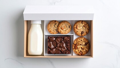 Assorted Cookie and Brownie Gift Box with Fresh Milk Bottle, Gourmet Snack Set in Elegant Packaging, Variety of Nut and Chocolate Cookies, Delicious Bakery Treats, Perfect for Gift or Party