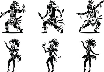 Fototapeta premium Native American Dance Silhouette Set – Tribal Ceremony, Cultural Festival, Powwow Vector Clipart