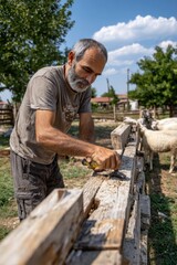 A farmer repairing a wooden fence around a sheep pen to keep the sheep safe and secure