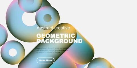 Abstract geometric shapes, vibrant colors, white space. Modern design, text overlay, button present. Clean aesthetic.