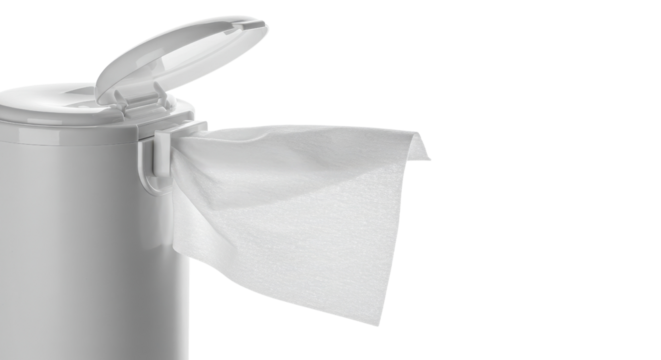 Container of hygienic wipes with a wipe pulled out isolated PNG with Transparent Background