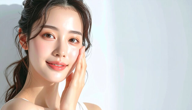 A digitally created, AI-generated portrait of a beautiful young Asian woman with clean, radiant skin gently touching her face with her hand. The image evokes themes of skincare, beauty, self-care, and