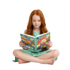girl reading book and sit on transparent baaackground, student girl, young girl with book,  child reading, girl reading