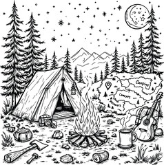 Black-and-White Vector Illustration of Forest Camp Night Scene – 1-Item Outdoor Lifestyle Silhouette