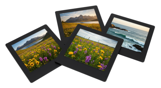 Scattered landscape photographs with flower fields, mountains and coastline isolated PNG with Transparent Background