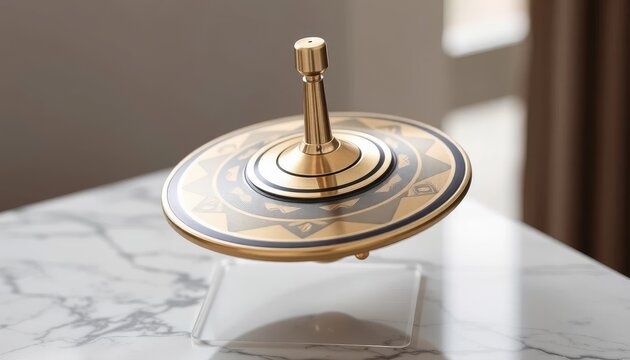 Classic spinning top redesigned with metallic finish and geometric patterns, placed on a marble surface, modern minimalism