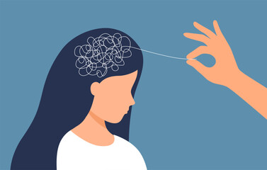 Psychotherapy concept. Helping hand unravels the tangle of thoughts of a woman with mental disorder, anxiety and confusion mind vector illustration