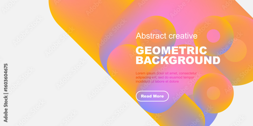Poster vibrant abstract shapes overlap white space. text promotes geometric background design, includes cal