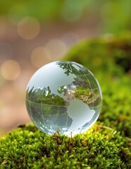 A delicate glass globe rests atop a lush bed of vibrant green moss, capturing soft natural light and reflecting the surrounding serene forest ambiance.