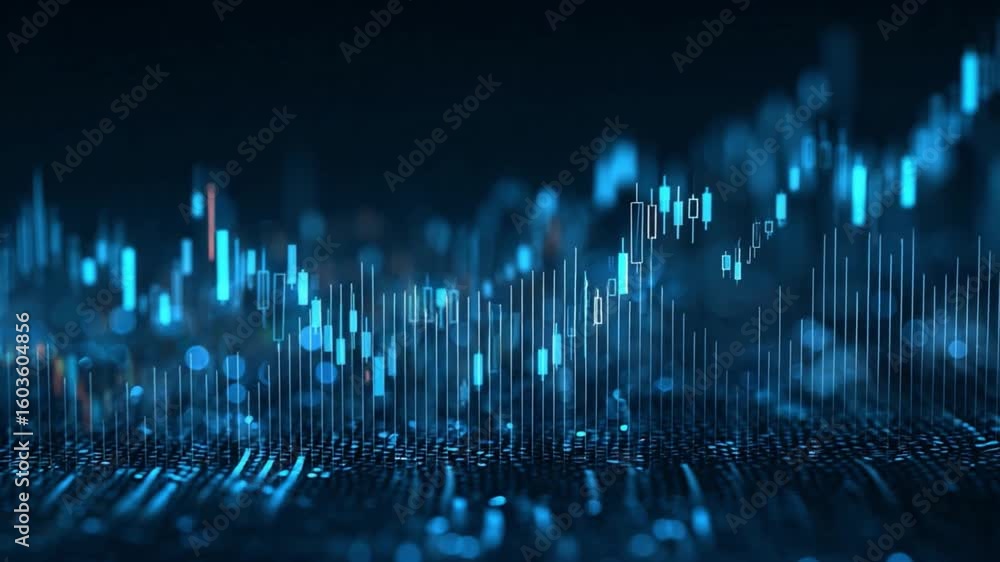 Poster visualizing market momentum: a dynamic and modern rendering of market data visualized in vivid blue,