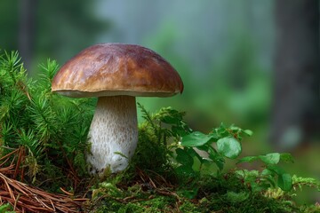Fototapeta premium A single robust brown capped mushroom stands tall amidst vibrant green forest foliage and mossy ground cover