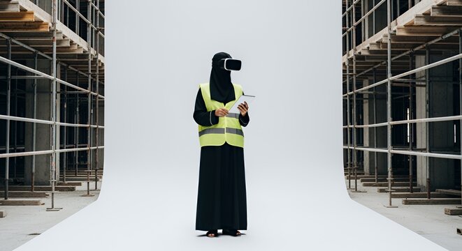 Woman in VR Headset at Construction Site