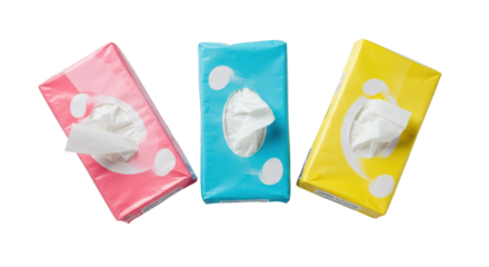 Pink, blue and yellow packet tissues isolated PNG with Transparent Background