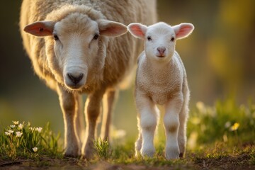 A cute newborn lamb standing close beside its mother in a sunlit green pasture