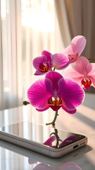 Simple elegance, pink orchid on white table, white sheer curtains and cell smart phone. JPEG, 3.6MB, 9x16in, 2700x4800px, 300p/i