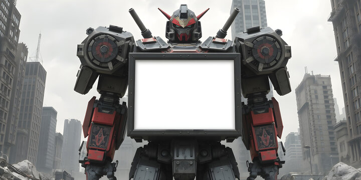 Blank Mockup Digital billboard embedded in the armor of a giant robot standing in a ruined city