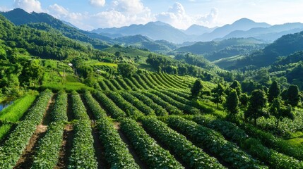Lush Green Agricultural Landscape With Rolling Hills and Clear Blue Sky in Scenic Nature Setting of Rural Farming Area