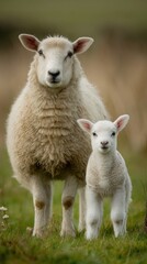 Obraz premium A cute newborn lamb standing close beside its mother in a sunlit green pasture