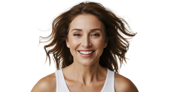Attractive brunette woman smiling broadly isolated PNG with Transparent Background