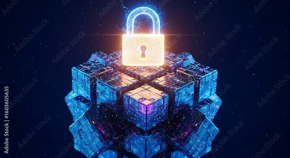 Poster glowing padlock atop a complex cube structure with electric arcs in a dark digital environment