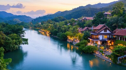 Naklejka premium Tranquil River Landscape at Dusk with Lush Greenery and Charming Villas Amidst Mountainous Backdrop