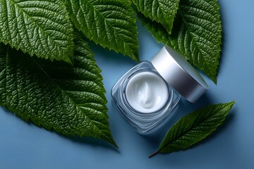 Natural skincare cream jar surrounded by fresh green leaves on a muted blue surface