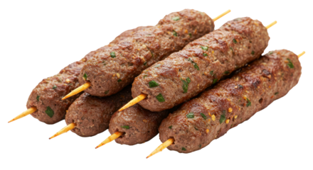 Close-up of fresh grilled kofta kebabs on skewers isolated PNG with Transparent Background