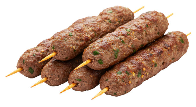 Close-up of fresh grilled kofta kebabs on skewers isolated PNG with Transparent Background