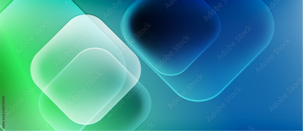 Poster abstract background features overlapping rounded squares. gradient transitions from green to blue cr