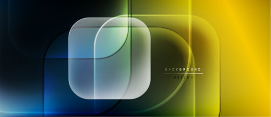 Abstract design features vibrant blue, yellow gradients. Rounded squares overlap creating dynamic visual effect. Modern background suitable for digital projects.