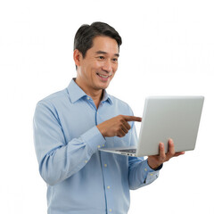 portrait of businessman pointing laptop, PNG, corporate man with laptop, office man with laptop, man with laptop
