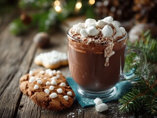 Hot chocolate with marshmallows and Christmas cookies