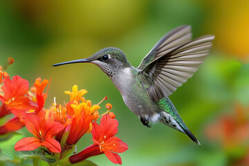 Fototapeta premium Hummingbird hovering over a flower.