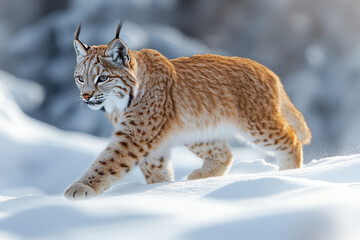 Fototapeta premium A lynx walking through snow.