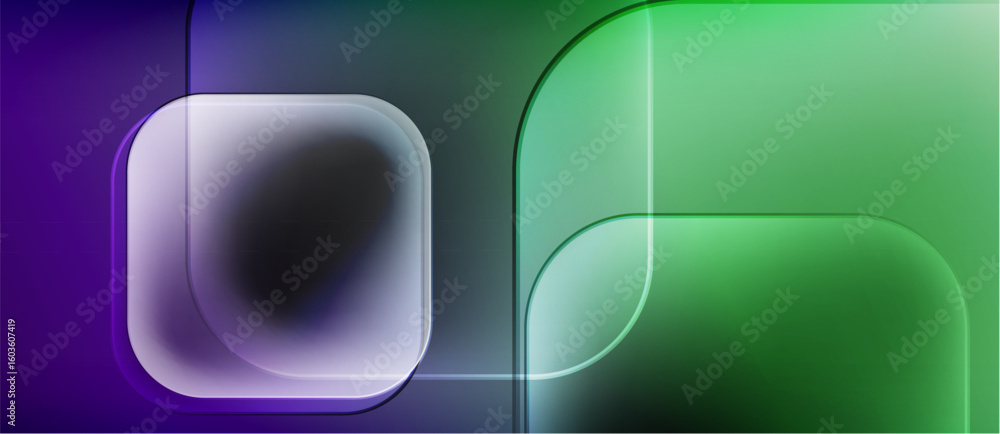 Poster abstract composition. rounded rectangles overlap, creating soft gradients. purple transitions to gre