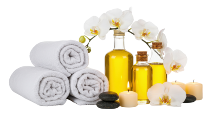 Spa treatment setting with rolled towels, massage oil, orchids, stones and candles isolated PNG with Transparent Background