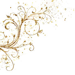 Gold ornate floral design bursts from corner on black background