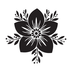 Black and White Floral Design with Leaves and Petals