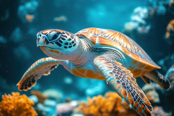 Fototapeta premium Green turtle swimming in ocean.