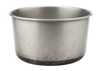 An old, rustic metal pot. The pot is made of dull silver-colored aluminum or similar metal, with a wide, flared rim and a rounded body, white background isolated