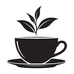 Tea Cup with Leaves - Black and White Vector Illustration