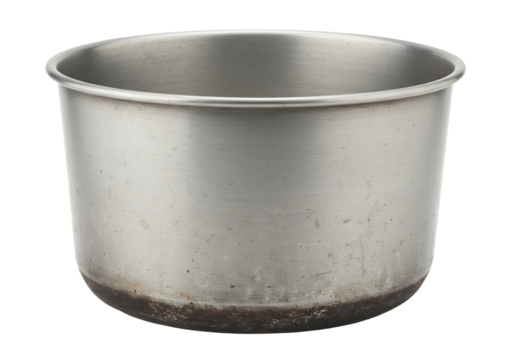 An old, rustic metal pot. The pot is made of dull silver-colored aluminum or similar metal, with a wide, flared rim and a rounded body, white background isolated