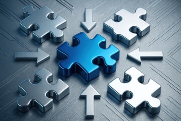Puzzle Pieces Convergence: A striking display of puzzle pieces, highlighted by a central blue piece and surrounded by silver elements with directional arrows, symbolizing integration, synergy.