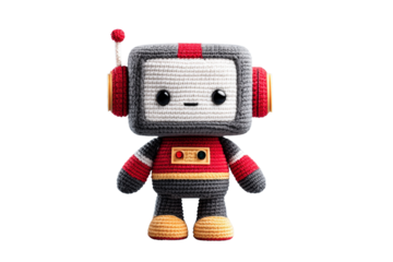 Cute Knitted Robot Toy with Red and Black Colors on Transparent Background
