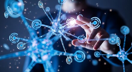 A person interacting with a blue digital network structure in a dark environment with light effects