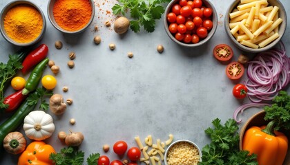 Vibrant Food Ingredients Border Pasta Spices Vegetables Herbs for Recipe Background
