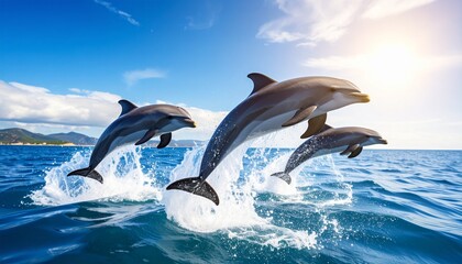 Fototapeta premium Joyful Trio of Dolphins Leaping Synchronously from Sunlit Ocean Waves